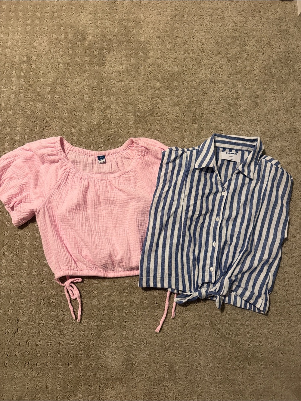 Two 10/12 Old Navy tops. Pink Gauze Crop Top & Blue Striped Button-Down.